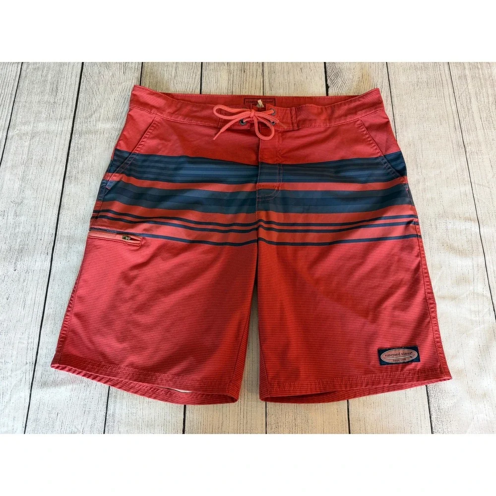 Vineyard Vines Mens Performance Board Shorts Red Navy Striped Swim Trunks 33